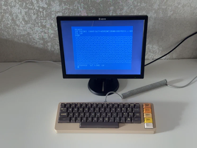 Atari 800 layout keyboard connected to a monitor